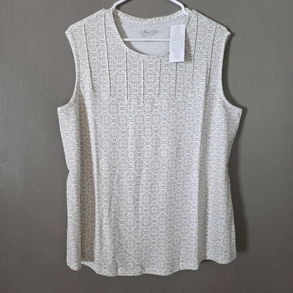 Womens Floral Tank Top Size 1X White Tan Pintuck Sleeveless Floral Summer Beach